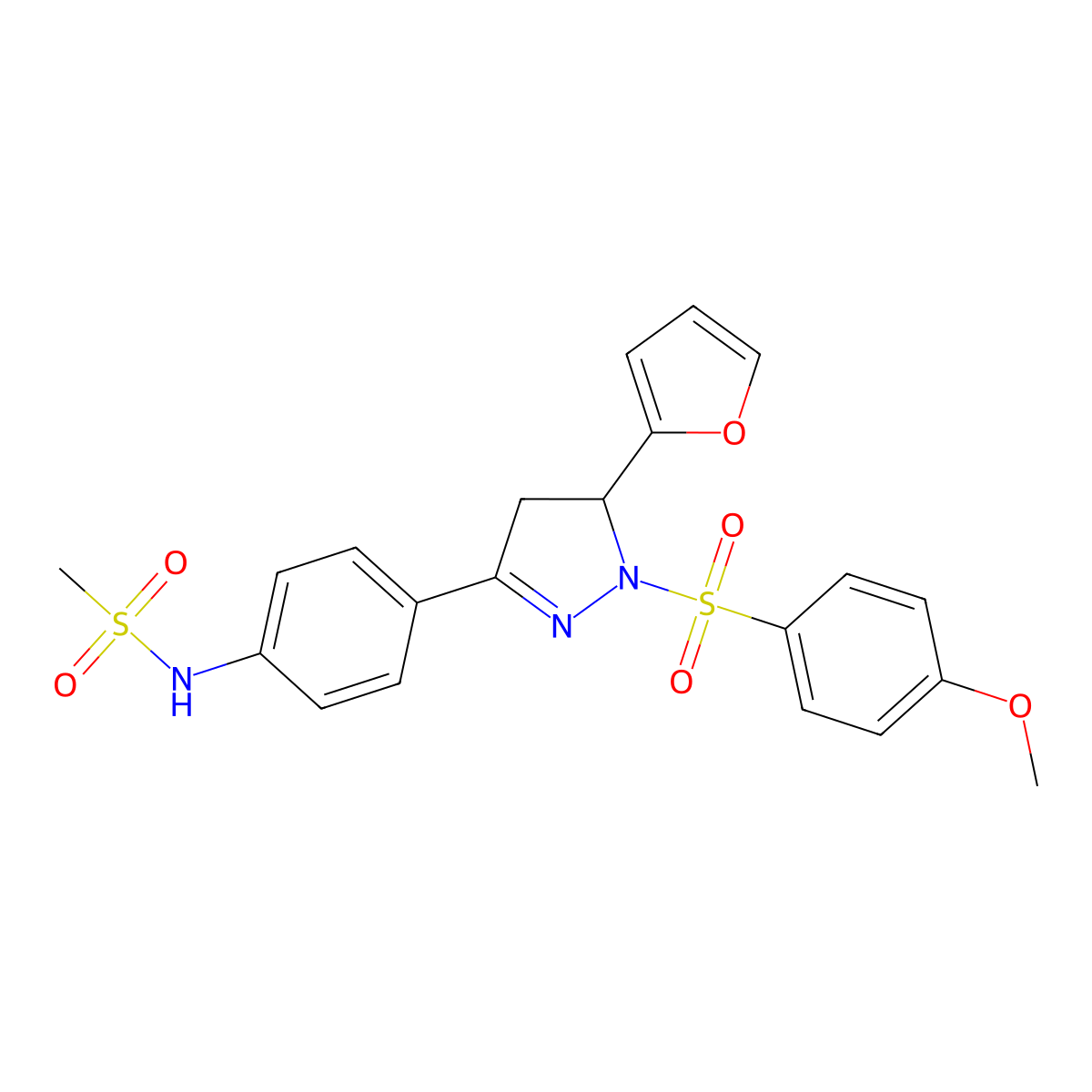 N-(4-(5-(furan-2-yl)-1-((4-methoxyphenyl)sulfonyl)-4,5-dihydro-1H-pyrazol-3-yl)phenyl)methanesulfonamide molecular structure, CAS 851780-98-8