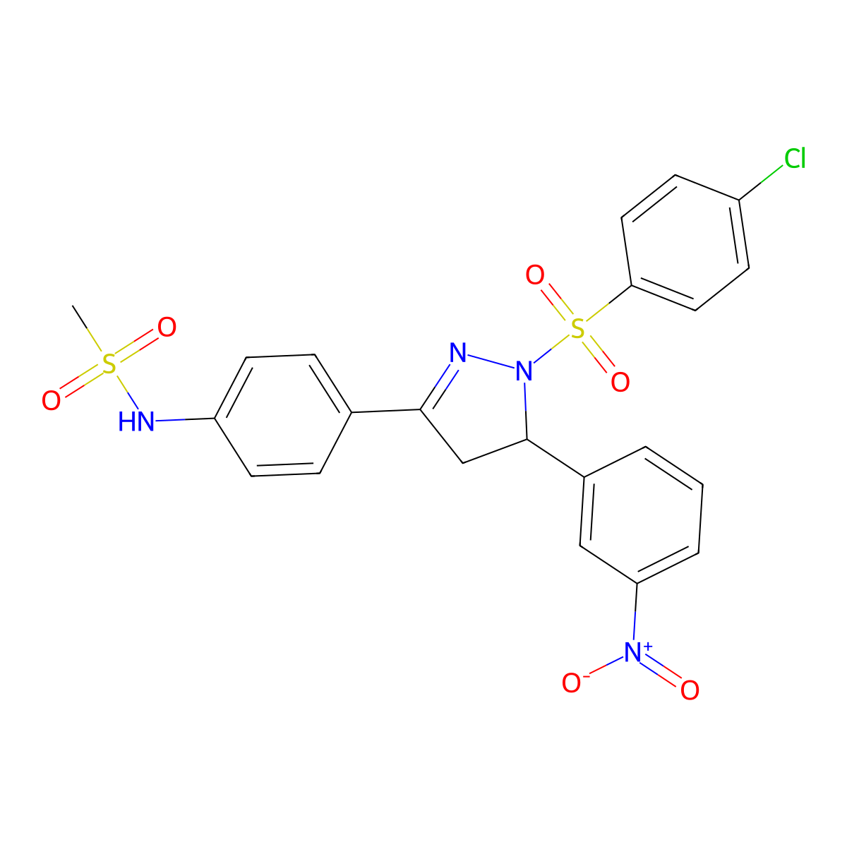 N-(4-(1-((4-chlorophenyl)sulfonyl)-5-(3-nitrophenyl)-4,5-dihydro-1H-pyrazol-3-yl)phenyl)methanesulfonamide molecular structure, CAS 851781-00-5