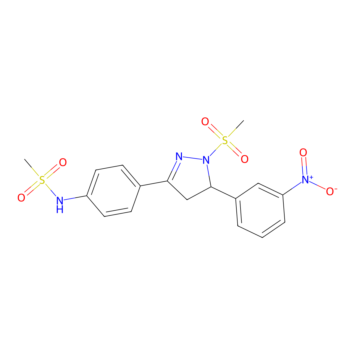 N-[4-[2-methylsulfonyl-3-(3-nitrophenyl)-3,4-dihydropyrazol-5-yl]phenyl]methanesulfonamide molecular structure, CAS 851781-01-6