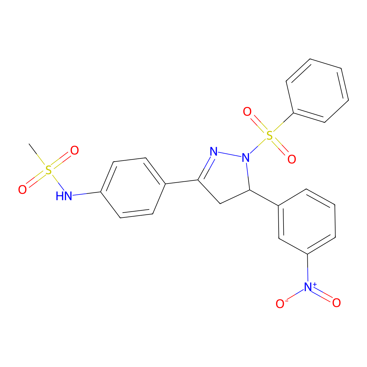N-(4-(5-(3-nitrophenyl)-1-(phenylsulfonyl)-4,5-dihydro-1H-pyrazol-3-yl)phenyl)methanesulfonamide molecular structure, CAS 851781-02-7