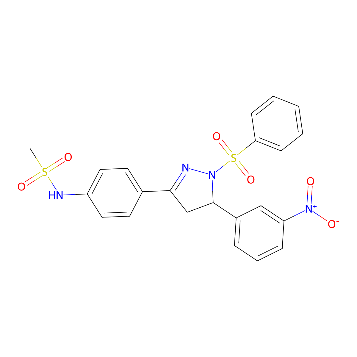 N-(4-(5-(3-nitrophenyl)-1-(phenylsulfonyl)-4,5-dihydro-1H-pyrazol-3-yl)phenyl)methanesulfonamide molecular structure, CAS 851781-02-7