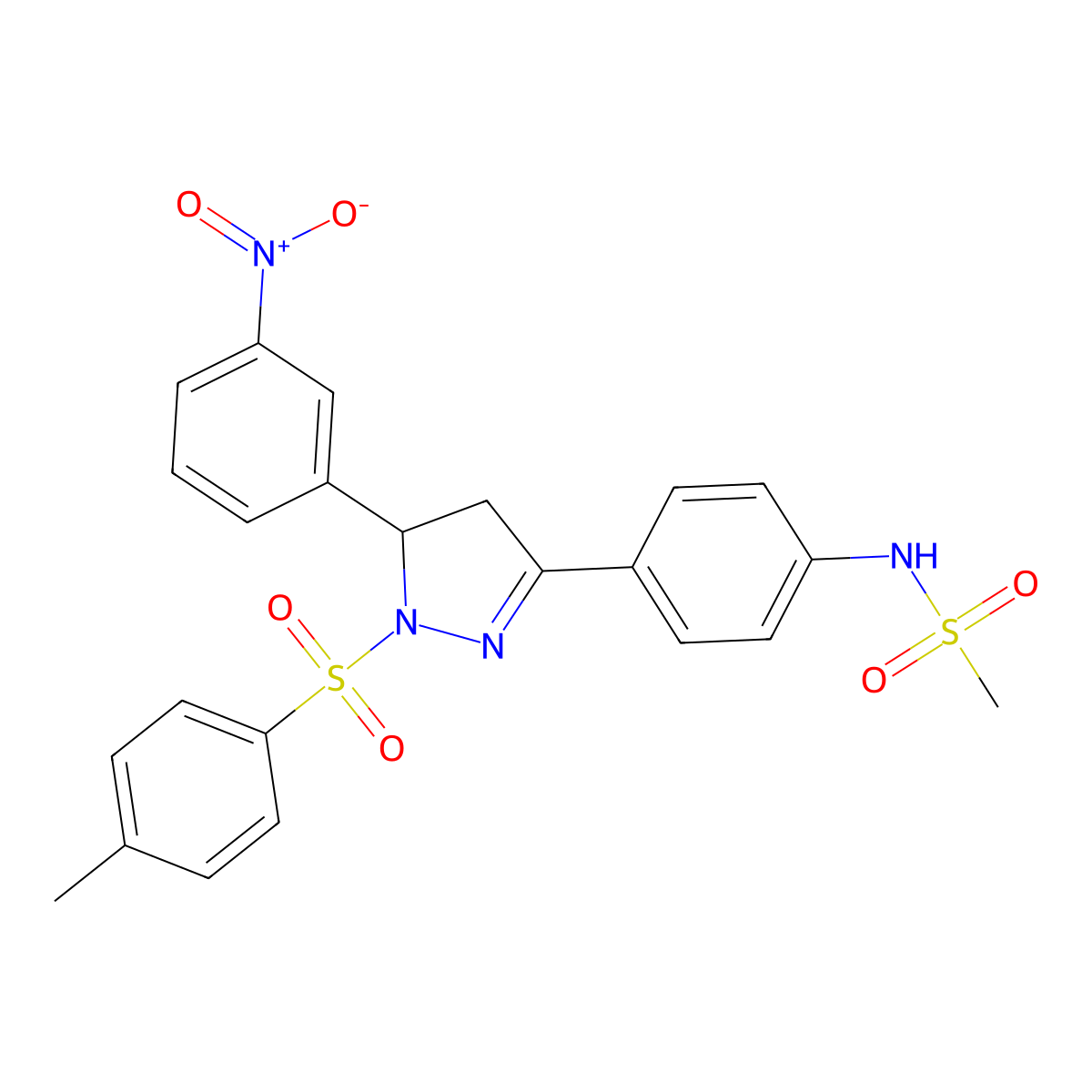 N-(4-(5-(3-nitrophenyl)-1-tosyl-4,5-dihydro-1H-pyrazol-3-yl)phenyl)methanesulfonamide molecular structure, CAS 851781-03-8