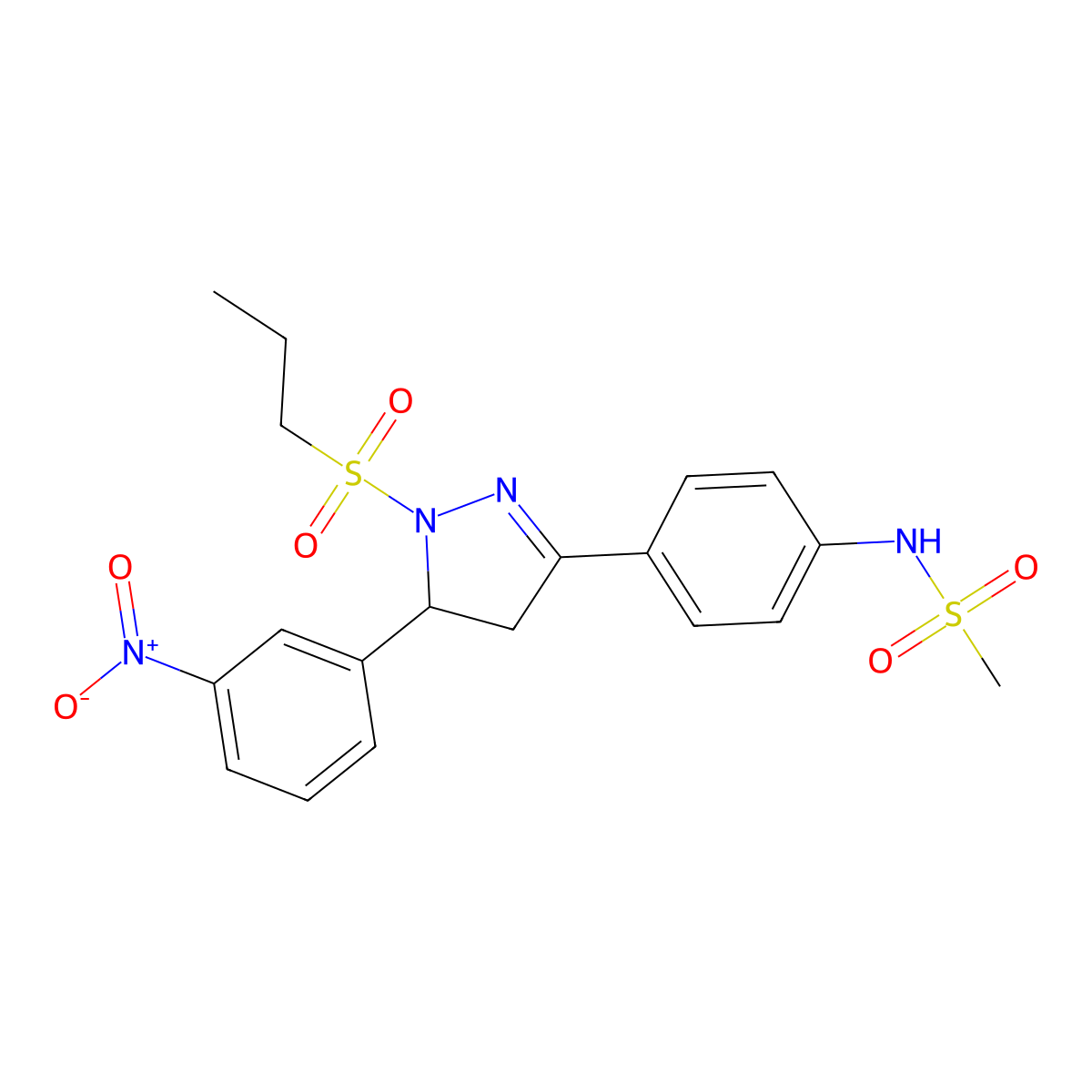N-{4-[5-(3-nitrophenyl)-1-(propane-1-sulfonyl)-4,5-dihydro-1H-pyrazol-3-yl]phenyl}methanesulfonamide molecular structure, CAS 851781-04-9