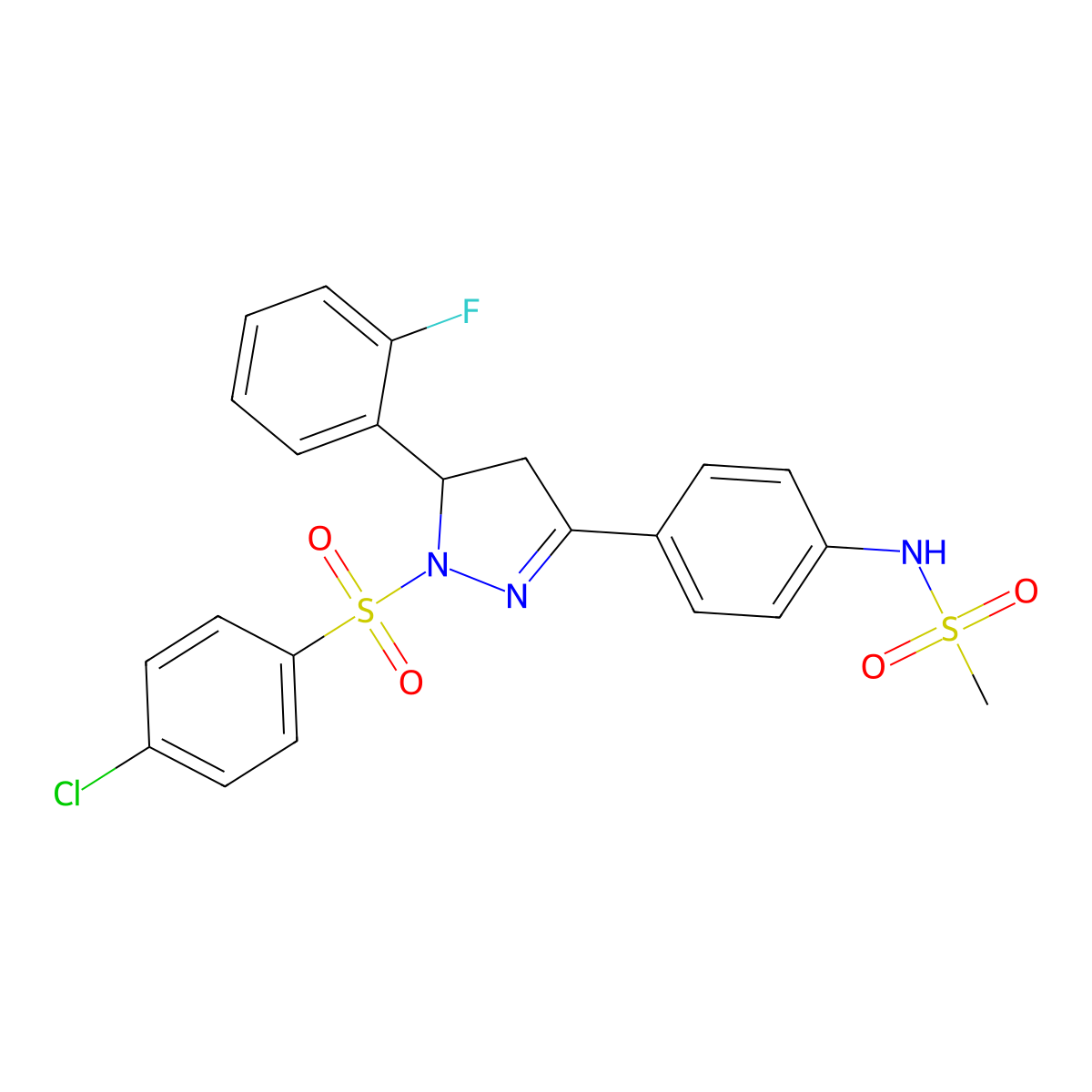 N-(4-(1-((4-chlorophenyl)sulfonyl)-5-(2-fluorophenyl)-4,5-dihydro-1H-pyrazol-3-yl)phenyl)methanesulfonamide molecular structure, CAS 851781-05-0