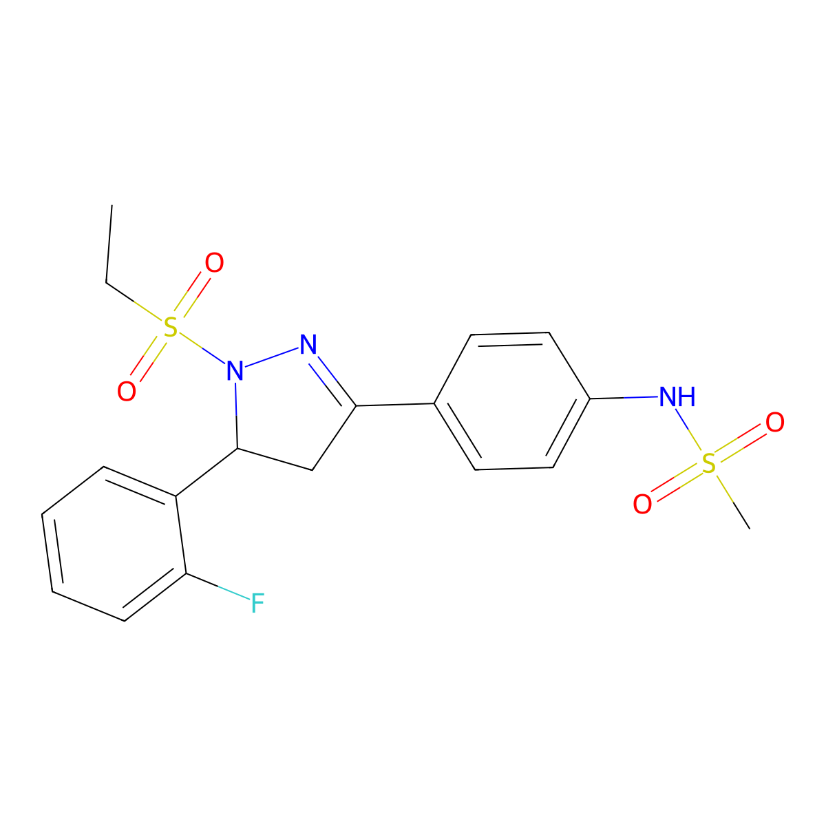 N-(4-(1-(ethylsulfonyl)-5-(2-fluorophenyl)-4,5-dihydro-1H-pyrazol-3-yl)phenyl)methanesulfonamide molecular structure, CAS 851781-06-1