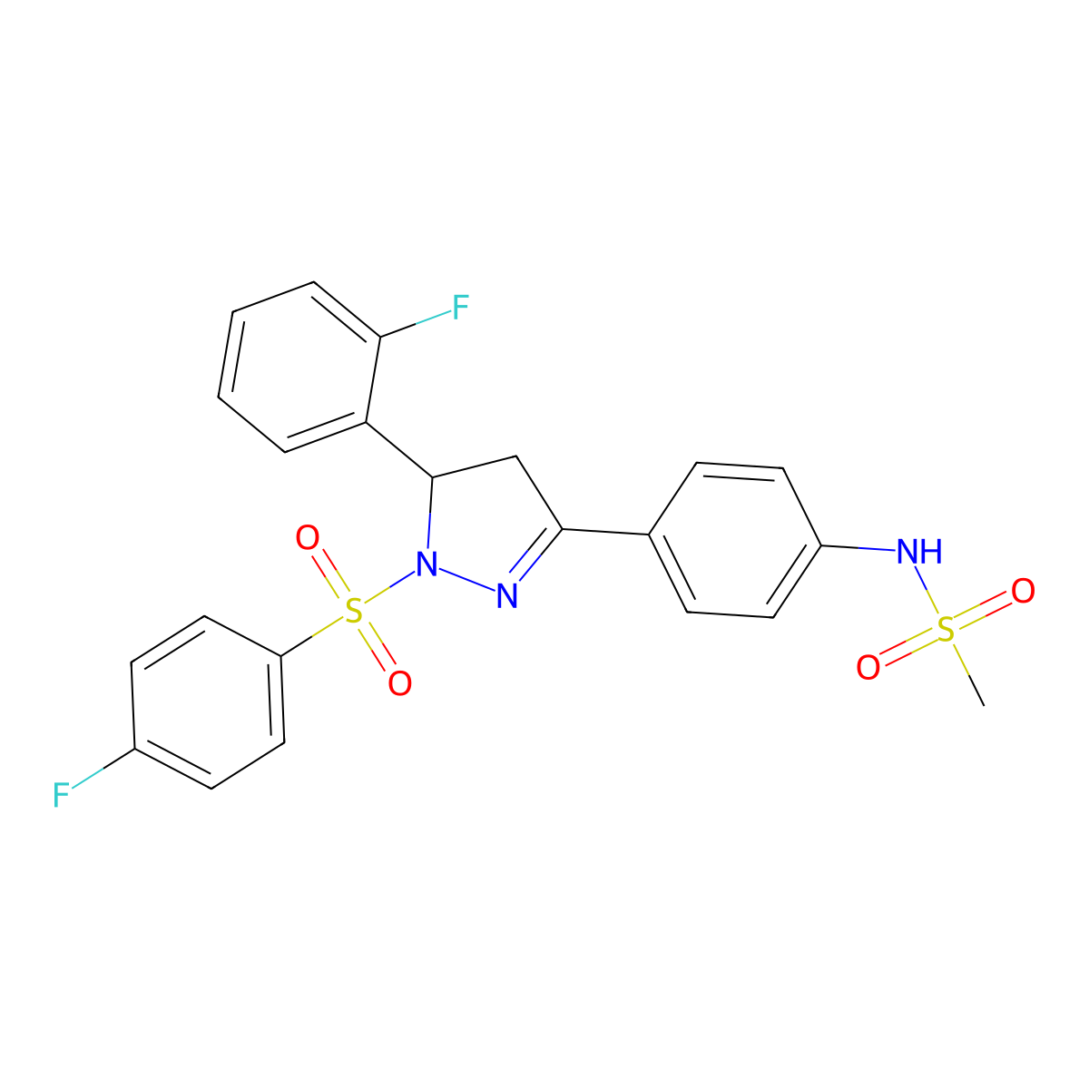 N-[4-[3-(2-fluorophenyl)-2-(4-fluorophenyl)sulfonyl-3,4-dihydropyrazol-5-yl]phenyl]methanesulfonamide molecular structure, CAS 851781-10-7