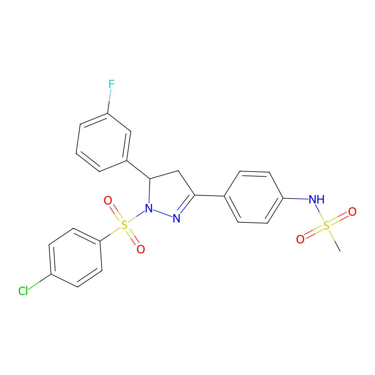 N-[4-[2-(4-chlorophenyl)sulfonyl-3-(3-fluorophenyl)-3,4-dihydropyrazol-5-yl]phenyl]methanesulfonamide molecular structure, CAS 851781-12-9