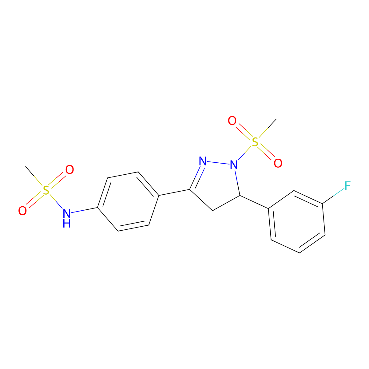 N-(4-(5-(3-fluorophenyl)-1-(methylsulfonyl)-4,5-dihydro-1H-pyrazol-3-yl)phenyl)methanesulfonamide molecular structure, CAS 851781-13-0