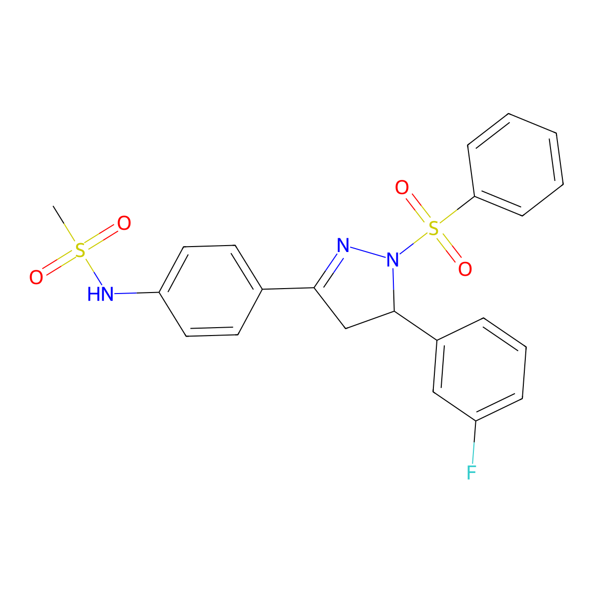 N-(4-(5-(3-fluorophenyl)-1-(phenylsulfonyl)-4,5-dihydro-1H-pyrazol-3-yl)phenyl)methanesulfonamide molecular structure, CAS 851781-14-1