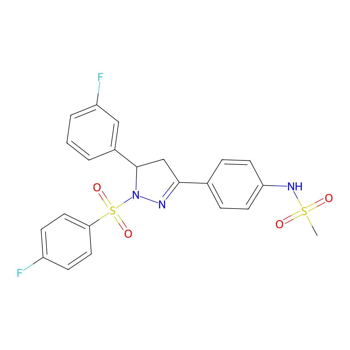 N-[4-[3-(3-fluorophenyl)-2-(4-fluorophenyl)sulfonyl-3,4-dihydropyrazol-5-yl]phenyl]methanesulfonamide molecular structure, CAS 851781-16-3