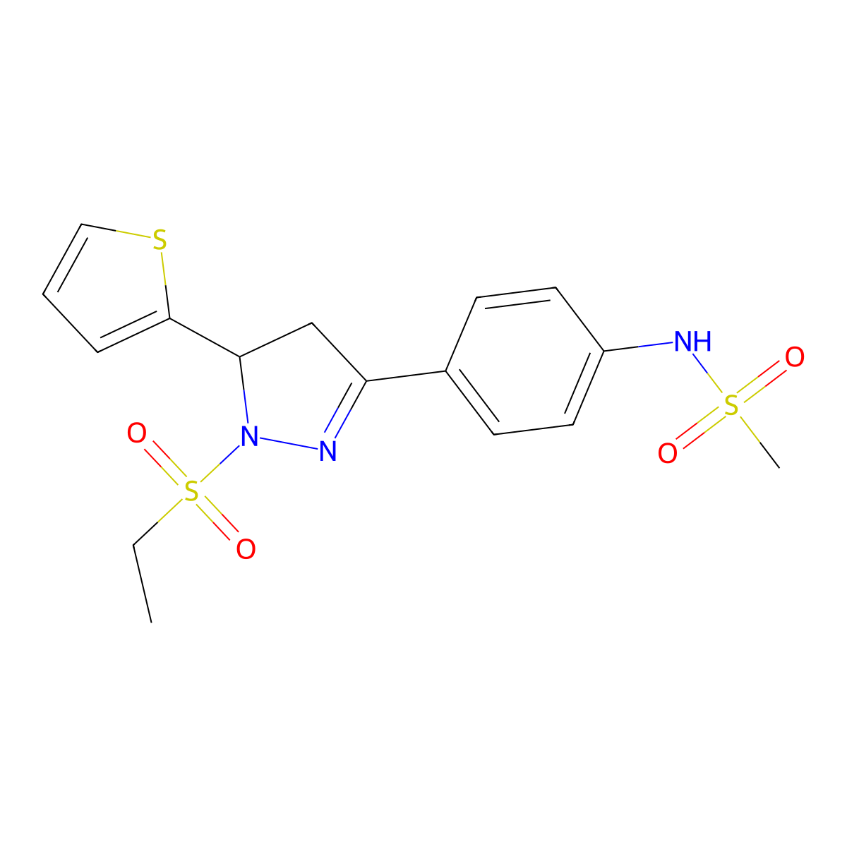 N-{4-[1-(ethanesulfonyl)-5-(thiophen-2-yl)-4,5-dihydro-1H-pyrazol-3-yl]phenyl}methanesulfonamide molecular structure, CAS 851781-22-1