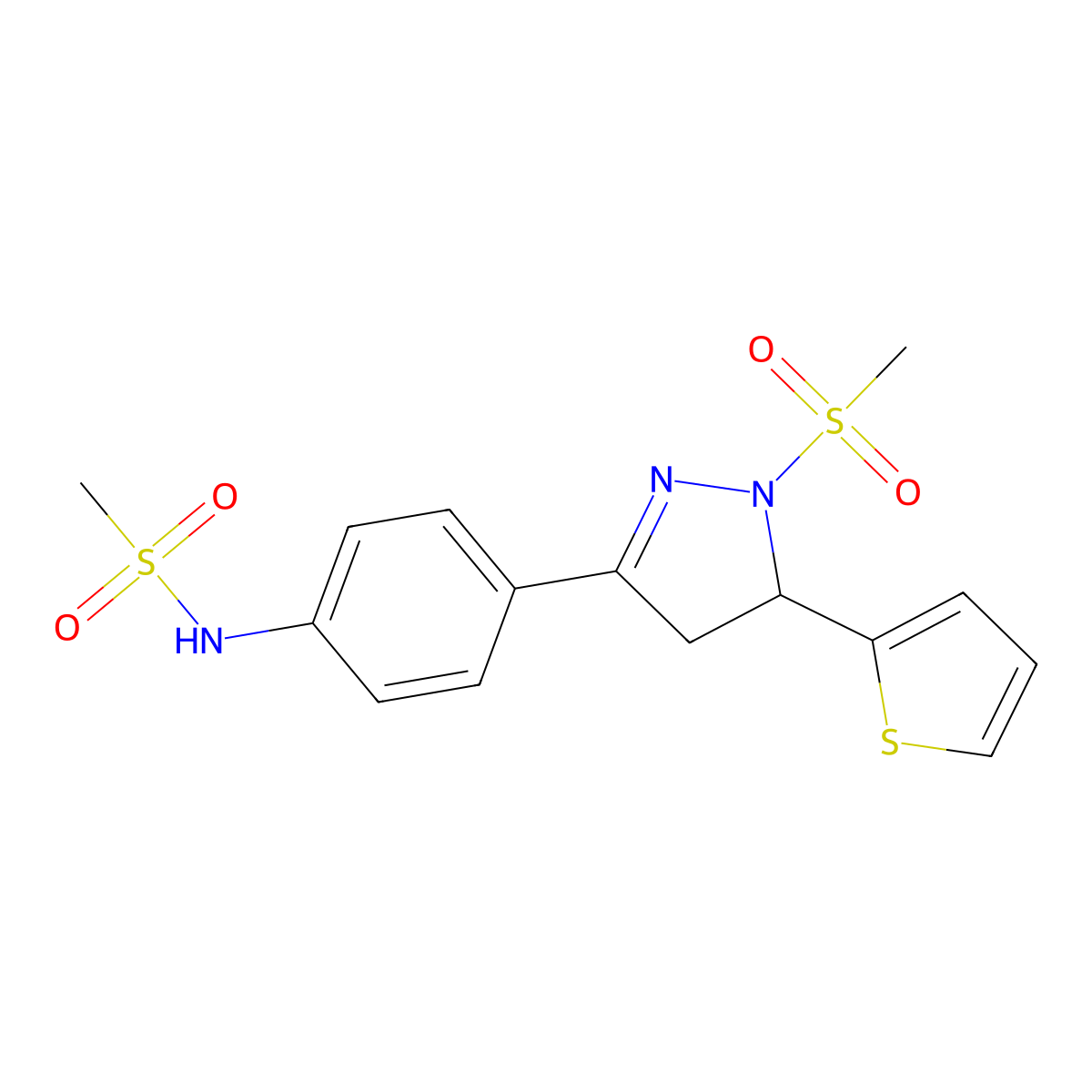N-(4-(1-(methylsulfonyl)-5-(thiophen-2-yl)-4,5-dihydro-1H-pyrazol-3-yl)phenyl)methanesulfonamide molecular structure, CAS 851781-23-2