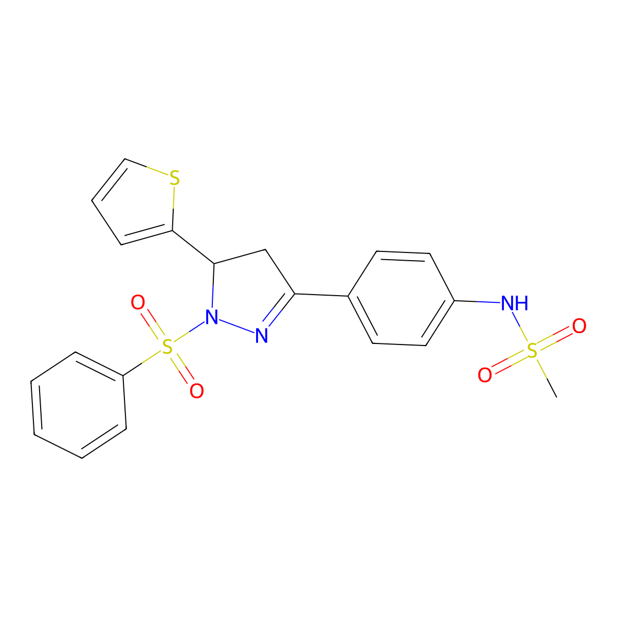 N-(4-(1-(phenylsulfonyl)-5-(thiophen-2-yl)-4,5-dihydro-1H-pyrazol-3-yl)phenyl)methanesulfonamide molecular structure, CAS 851781-24-3