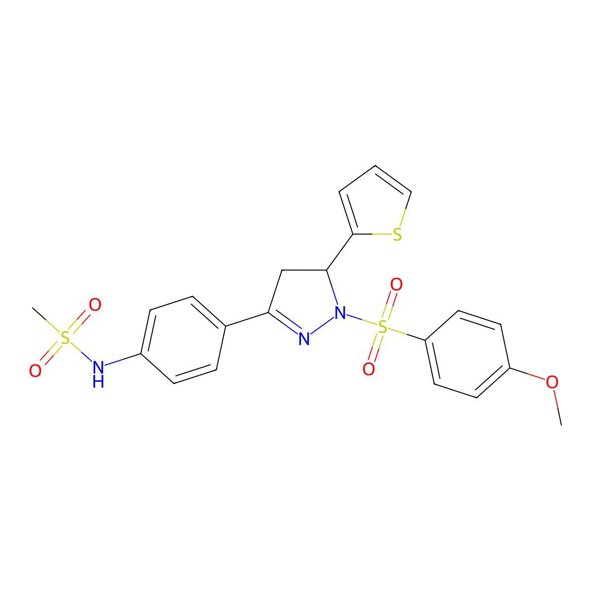 N-(4-(1-((4-methoxyphenyl)sulfonyl)-5-(thiophen-2-yl)-4,5-dihydro-1H-pyrazol-3-yl)phenyl)methanesulfonamide molecular structure, CAS 851781-25-4