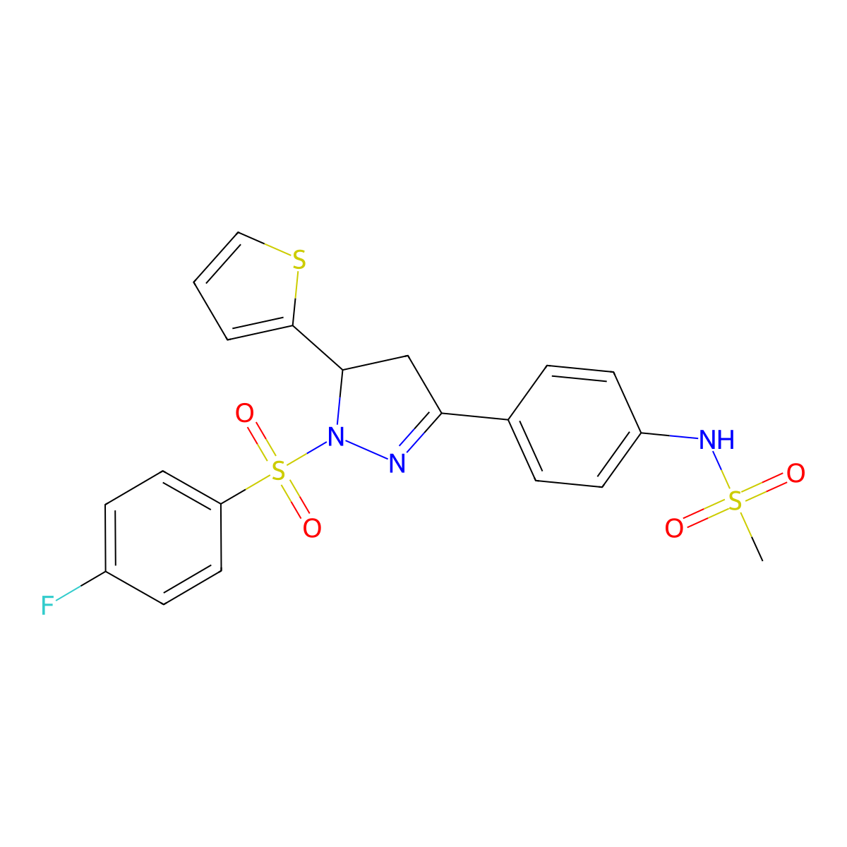 N-[4-[2-(4-fluorophenyl)sulfonyl-3-thiophen-2-yl-3,4-dihydropyrazol-5-yl]phenyl]methanesulfonamide molecular structure, CAS 851781-26-5