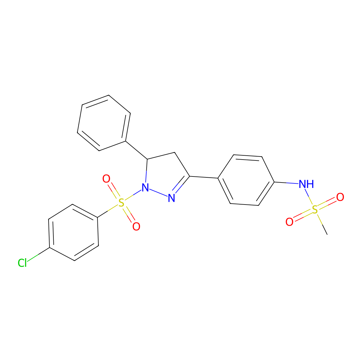 N-[4-[2-(4-chlorophenyl)sulfonyl-3-phenyl-3,4-dihydropyrazol-5-yl]phenyl]methanesulfonamide molecular structure, CAS 851781-28-7