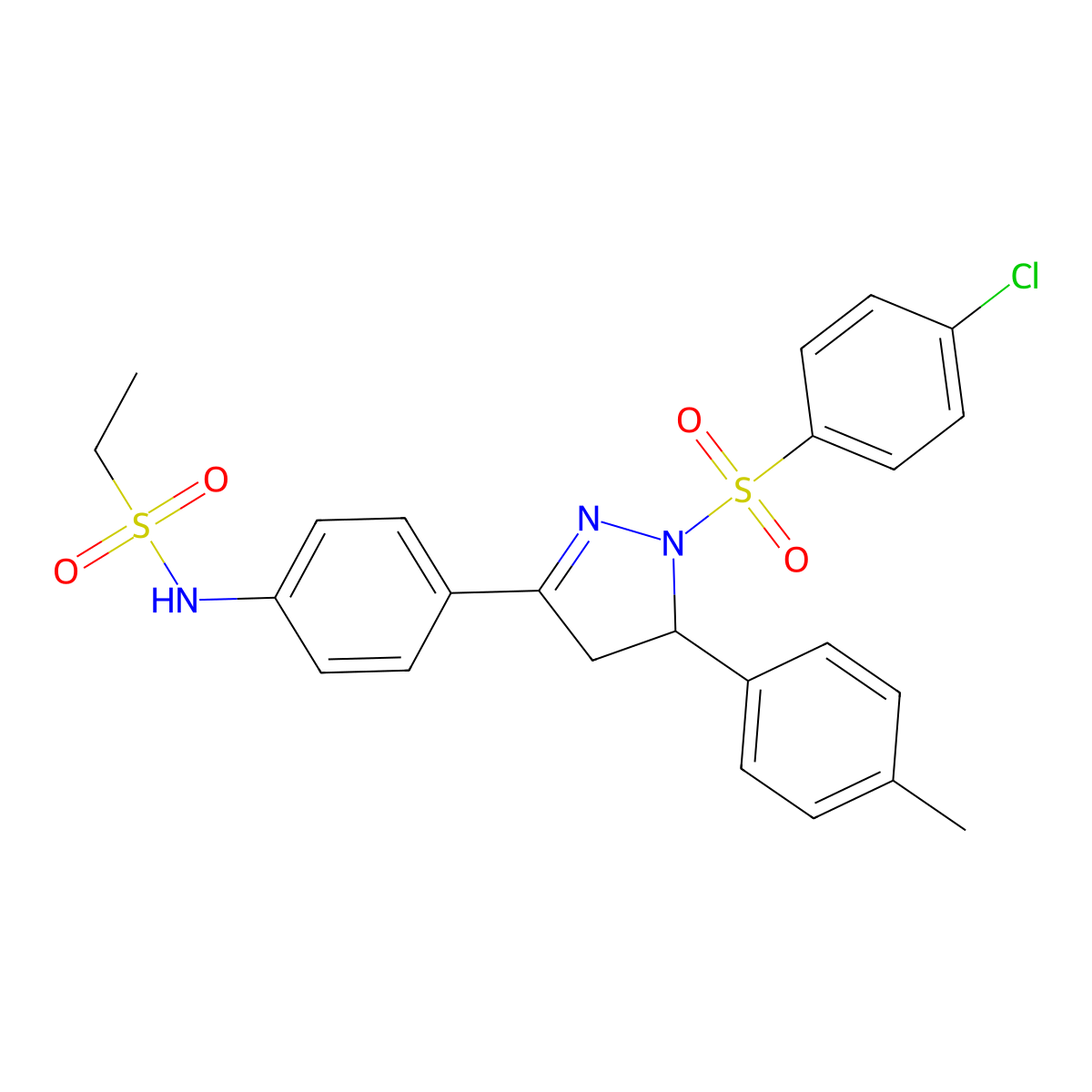 N-[4-[2-(4-chlorophenyl)sulfonyl-3-(4-methylphenyl)-3,4-dihydropyrazol-5-yl]phenyl]ethanesulfonamide molecular structure, CAS 851781-34-5