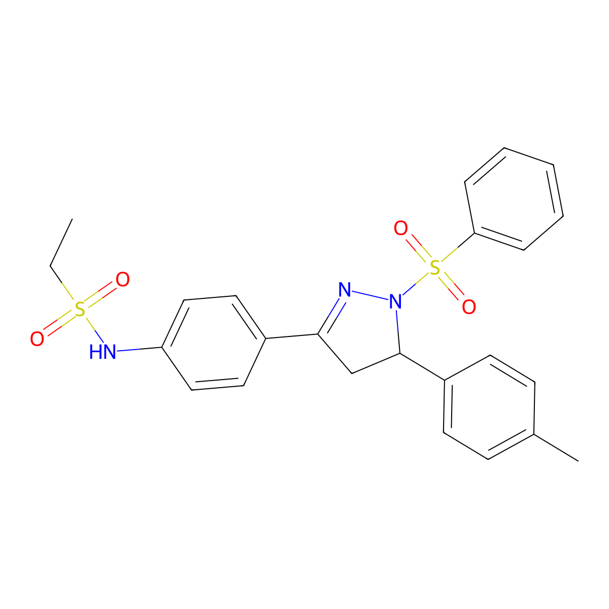 N-[4-[2-(benzenesulfonyl)-3-(4-methylphenyl)-3,4-dihydropyrazol-5-yl]phenyl]ethanesulfonamide molecular structure, CAS 851781-37-8