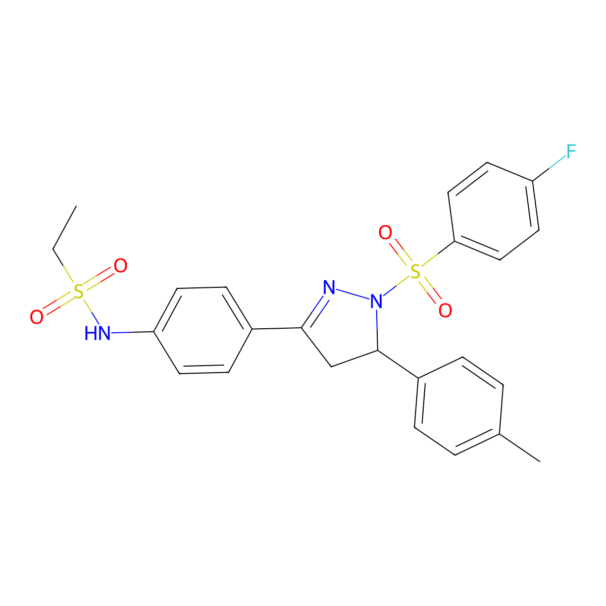 N-[4-[2-(4-fluorophenyl)sulfonyl-3-(4-methylphenyl)-3,4-dihydropyrazol-5-yl]phenyl]ethanesulfonamide molecular structure, CAS 851781-40-3
