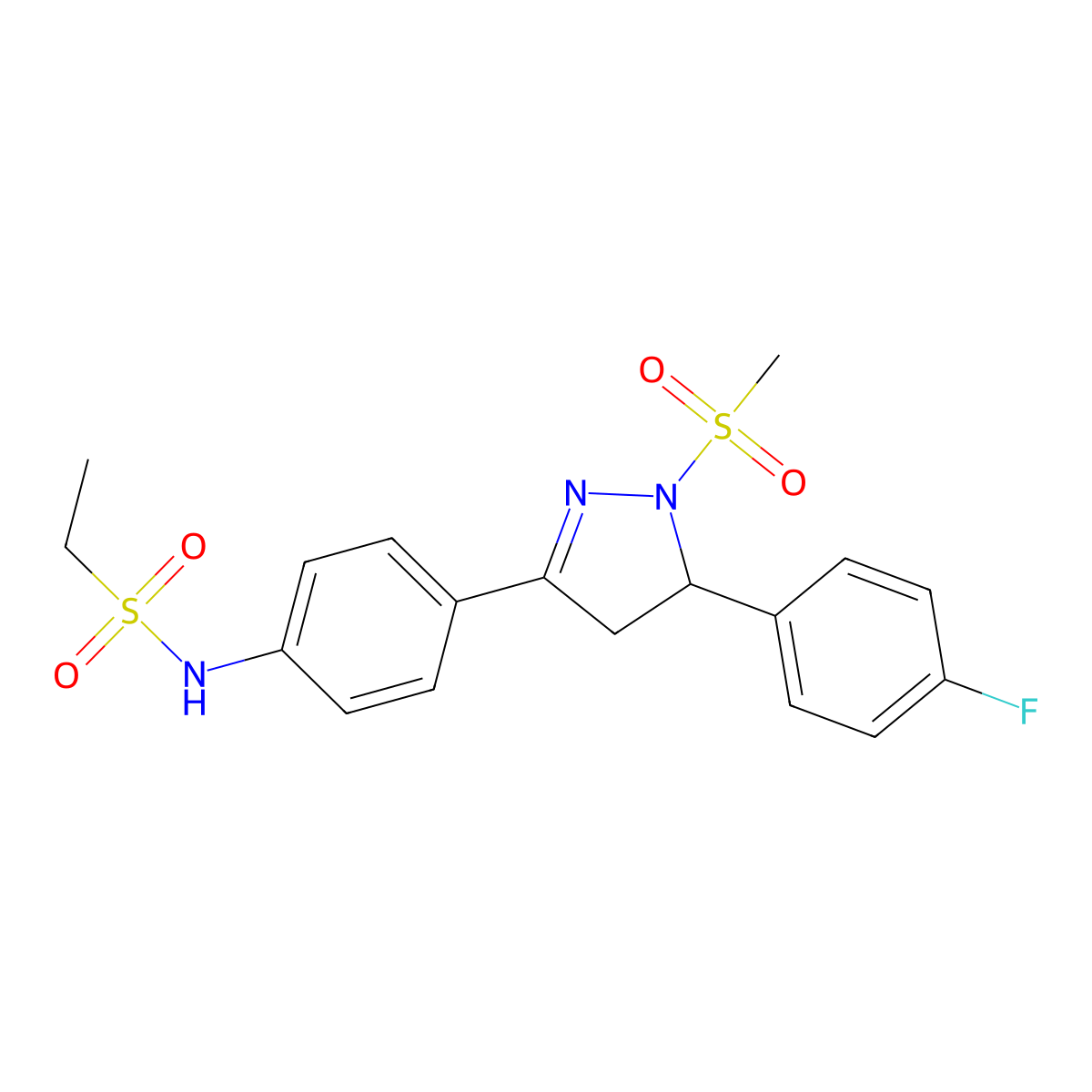 N-(4-(5-(4-fluorophenyl)-1-(methylsulfonyl)-4,5-dihydro-1H-pyrazol-3-yl)phenyl)ethanesulfonamide molecular structure, CAS 851781-43-6