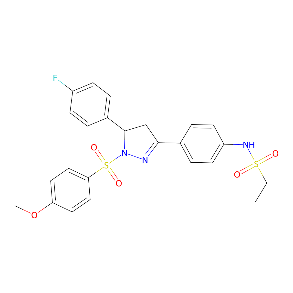 N-(4-(5-(4-fluorophenyl)-1-((4-methoxyphenyl)sulfonyl)-4,5-dihydro-1H-pyrazol-3-yl)phenyl)ethanesulfonamide molecular structure, CAS 851781-48-1
