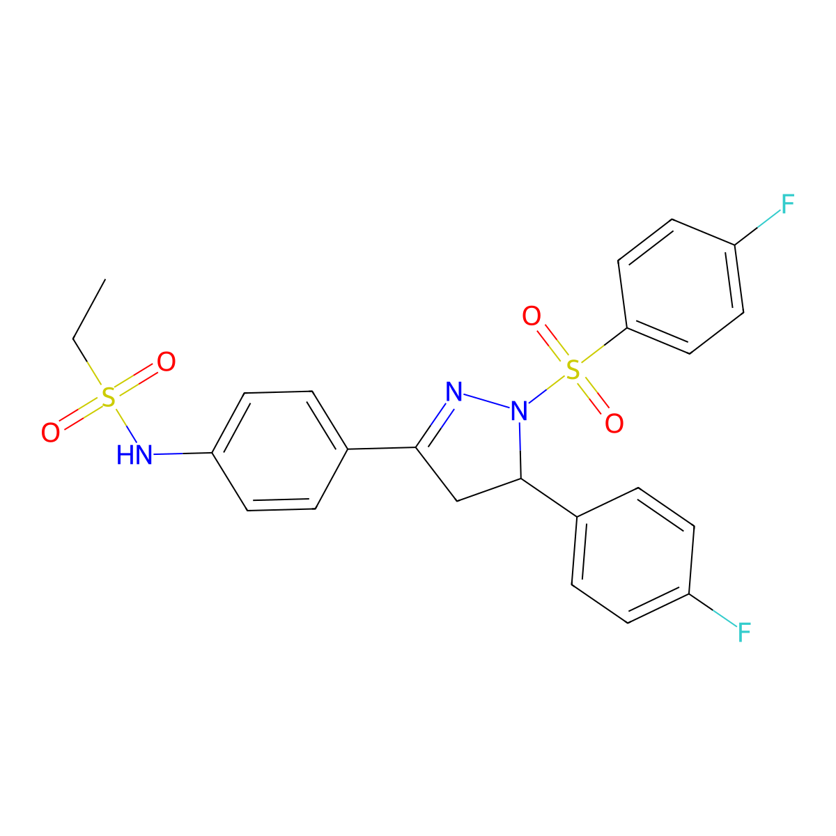 N-(4-(5-(4-fluorophenyl)-1-((4-fluorophenyl)sulfonyl)-4,5-dihydro-1H-pyrazol-3-yl)phenyl)ethanesulfonamide molecular structure, CAS 851781-49-2