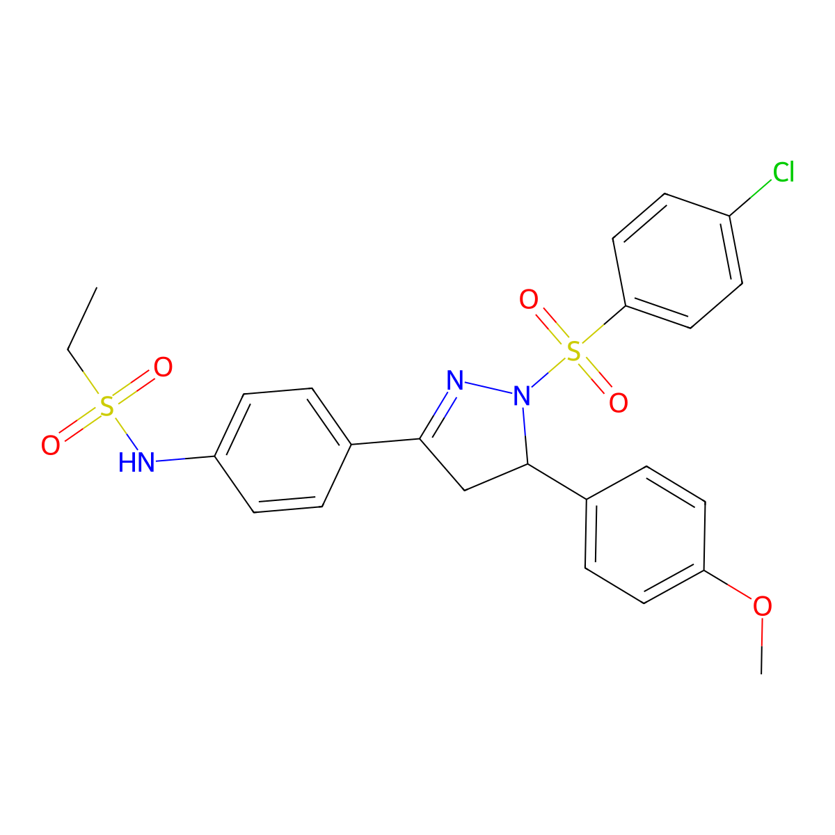 N-(4-(1-((4-chlorophenyl)sulfonyl)-5-(4-methoxyphenyl)-4,5-dihydro-1H-pyrazol-3-yl)phenyl)ethanesulfonamide molecular structure, CAS 851781-50-5