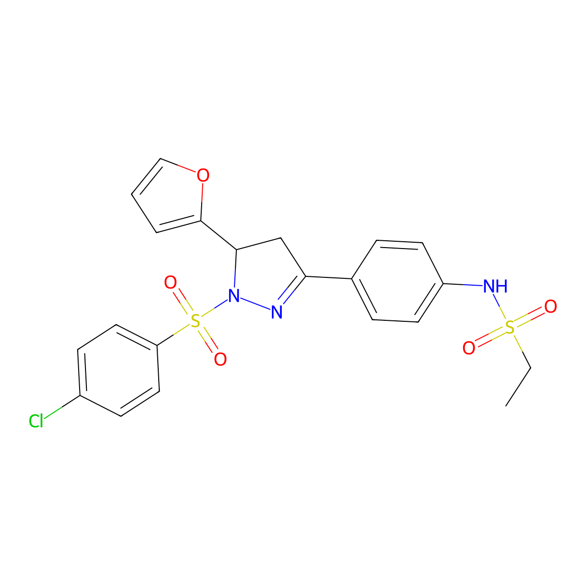 N-(4-(1-((4-chlorophenyl)sulfonyl)-5-(furan-2-yl)-4,5-dihydro-1H-pyrazol-3-yl)phenyl)ethanesulfonamide molecular structure, CAS 851781-56-1