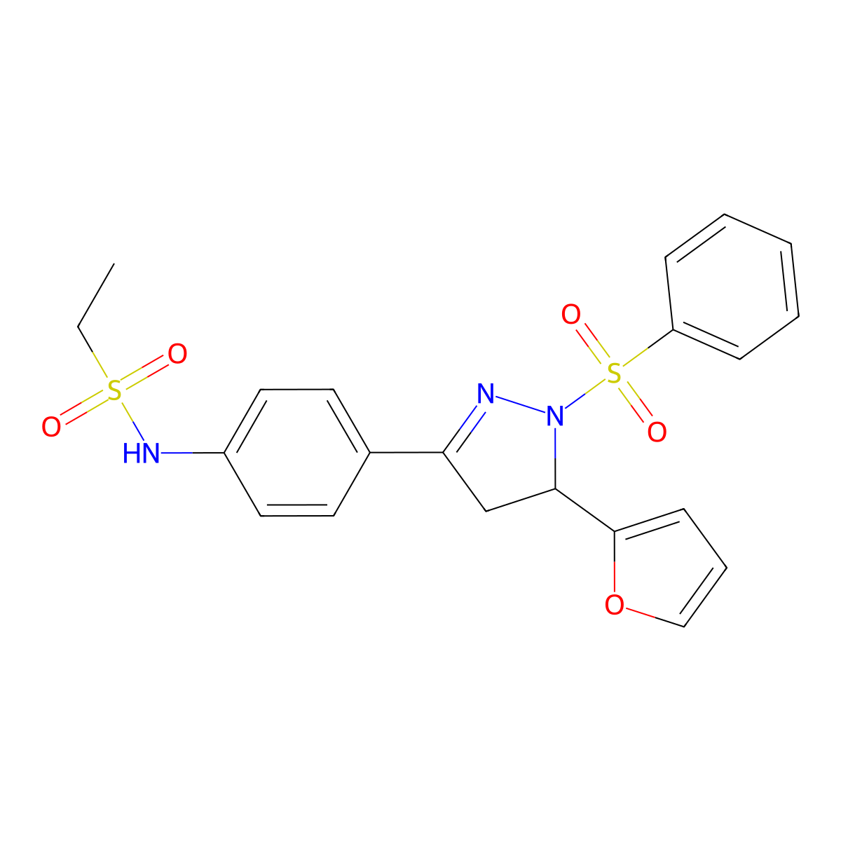N-(4-(5-(furan-2-yl)-1-(phenylsulfonyl)-4,5-dihydro-1H-pyrazol-3-yl)phenyl)ethanesulfonamide molecular structure, CAS 851781-57-2