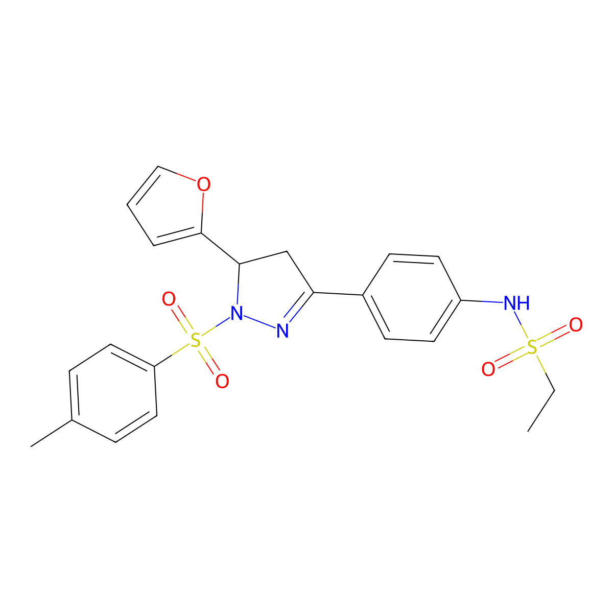 N-(4-(5-(furan-2-yl)-1-tosyl-4,5-dihydro-1H-pyrazol-3-yl)phenyl)ethanesulfonamide molecular structure, CAS 851781-58-3