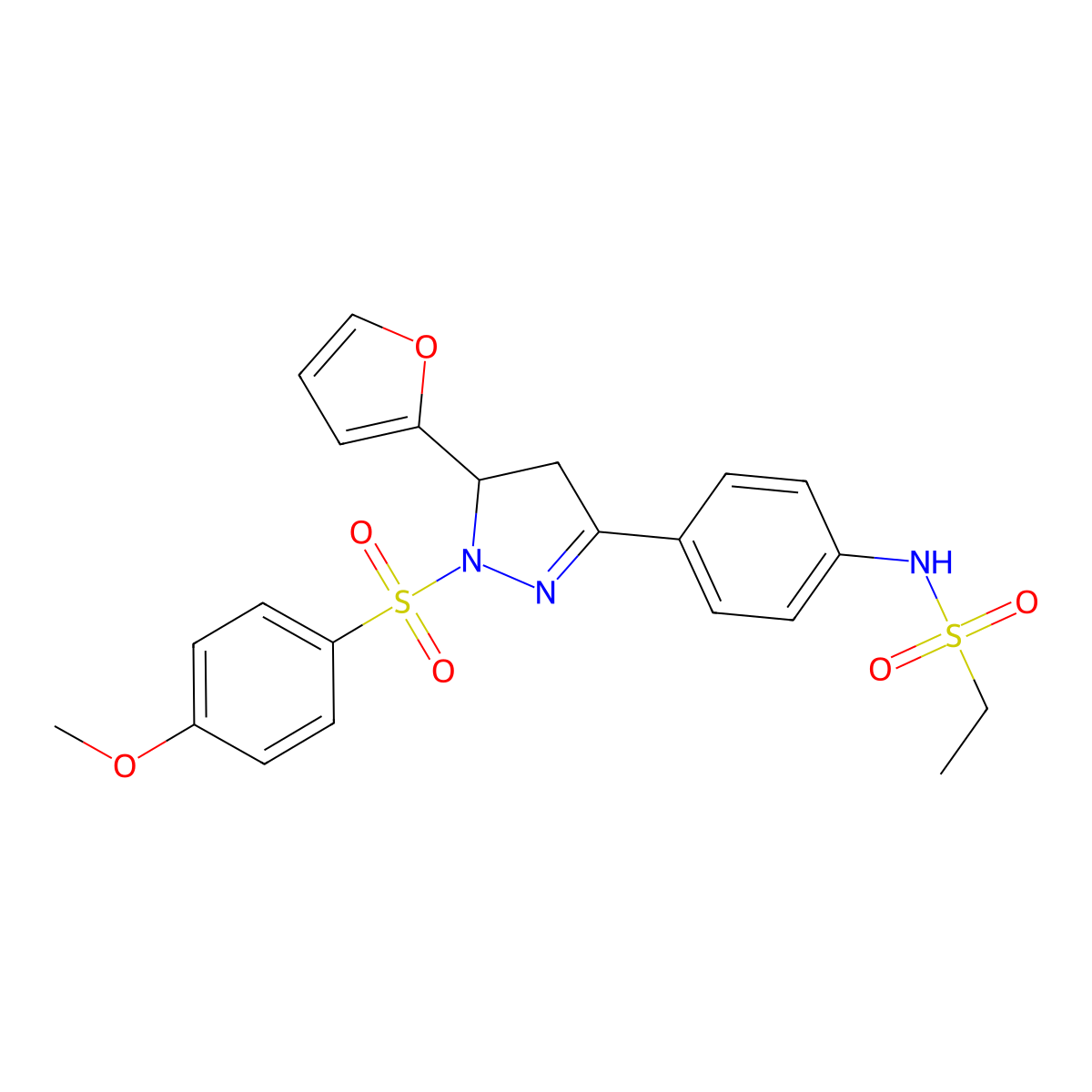 N-(4-(5-(furan-2-yl)-1-((4-methoxyphenyl)sulfonyl)-4,5-dihydro-1H-pyrazol-3-yl)phenyl)ethanesulfonamide molecular structure, CAS 851781-59-4