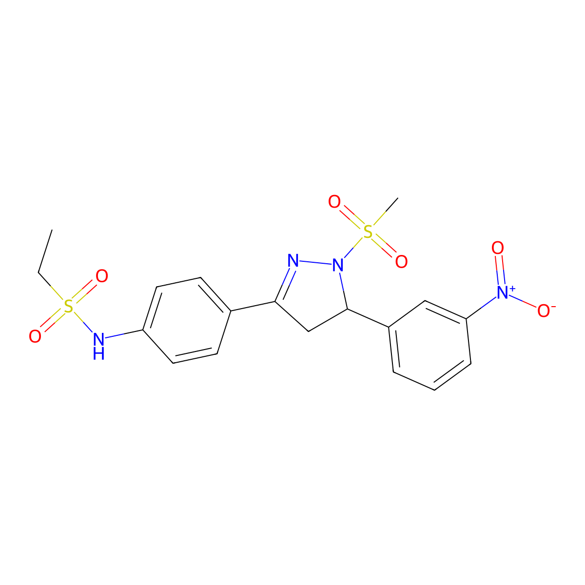 N-(4-(1-(methylsulfonyl)-5-(3-nitrophenyl)-4,5-dihydro-1H-pyrazol-3-yl)phenyl)ethanesulfonamide molecular structure, CAS 851781-61-8