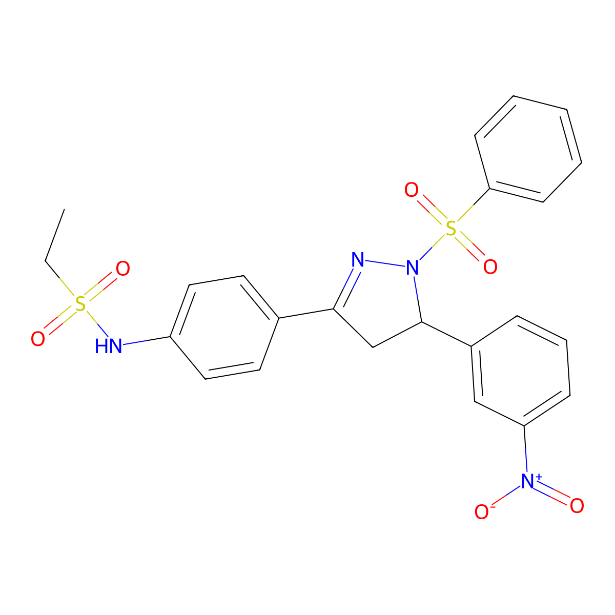 N-(4-(5-(3-nitrophenyl)-1-(phenylsulfonyl)-4,5-dihydro-1H-pyrazol-3-yl)phenyl)ethanesulfonamide molecular structure, CAS 851781-62-9