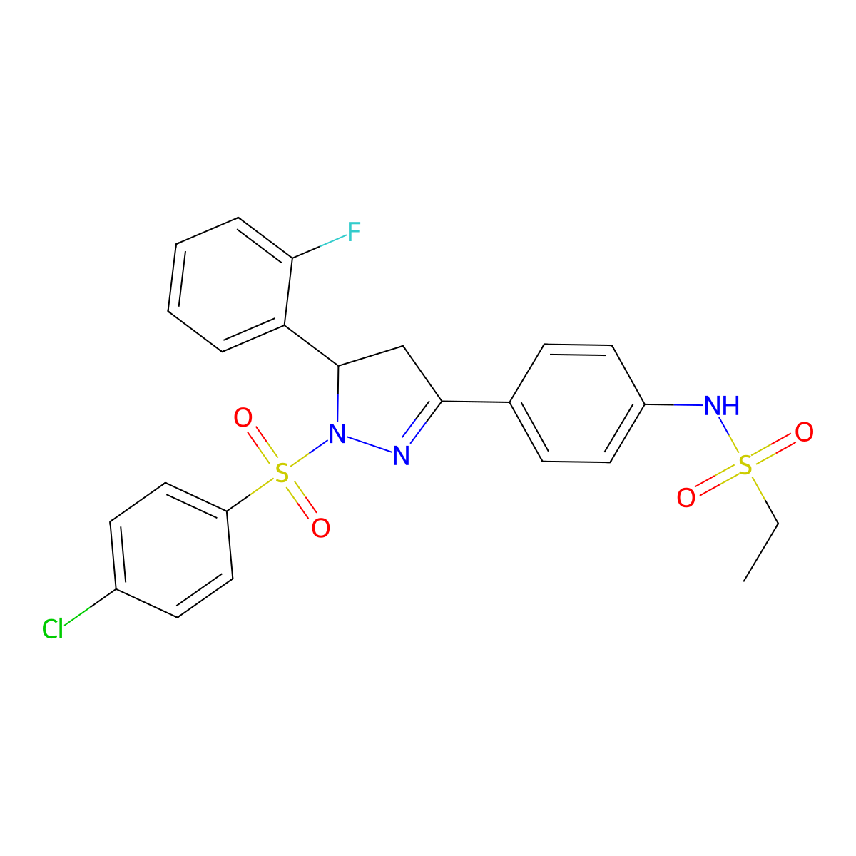 N-[4-[2-(4-chlorophenyl)sulfonyl-3-(2-fluorophenyl)-3,4-dihydropyrazol-5-yl]phenyl]ethanesulfonamide molecular structure, CAS 851781-64-1