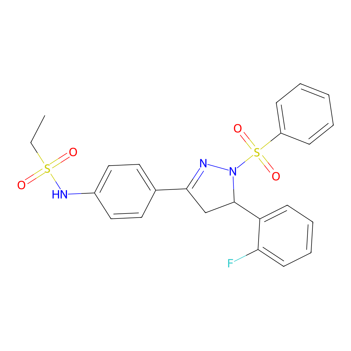 N-(4-(5-(2-fluorophenyl)-1-(phenylsulfonyl)-4,5-dihydro-1H-pyrazol-3-yl)phenyl)ethanesulfonamide molecular structure, CAS 851781-67-4