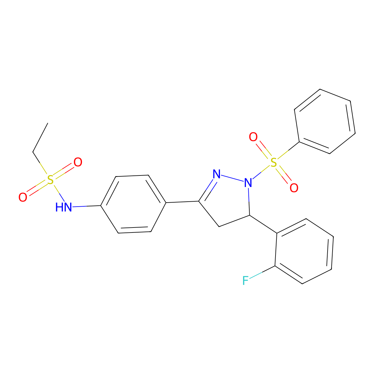 N-(4-(5-(2-fluorophenyl)-1-(phenylsulfonyl)-4,5-dihydro-1H-pyrazol-3-yl)phenyl)ethanesulfonamide molecular structure, CAS 851781-67-4