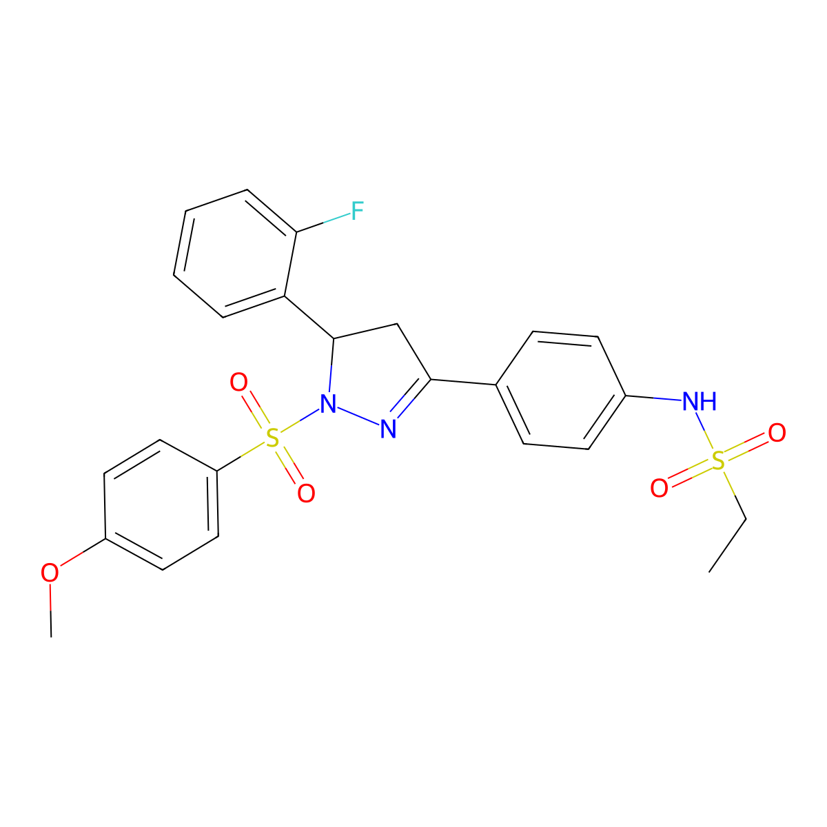 N-(4-(5-(2-fluorophenyl)-1-((4-methoxyphenyl)sulfonyl)-4,5-dihydro-1H-pyrazol-3-yl)phenyl)ethanesulfonamide molecular structure, CAS 851781-70-9