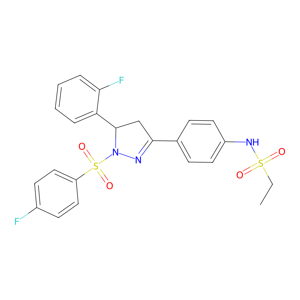N-[4-[3-(2-fluorophenyl)-2-(4-fluorophenyl)sulfonyl-3,4-dihydropyrazol-5-yl]phenyl]ethanesulfonamide molecular structure, CAS 851781-72-1