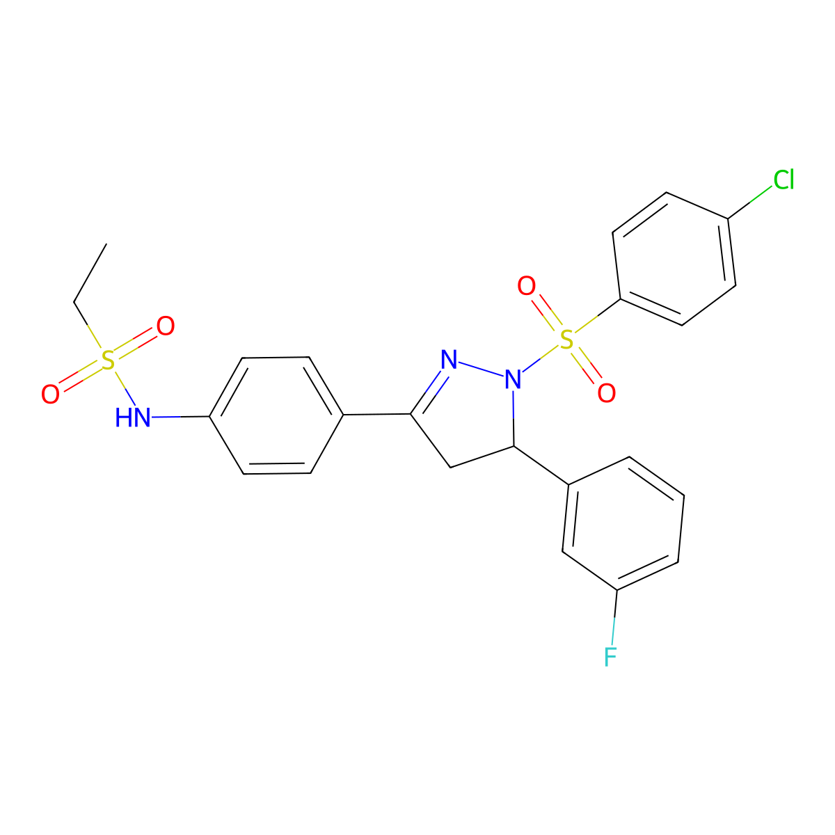 N-[4-[2-(4-chlorophenyl)sulfonyl-3-(3-fluorophenyl)-3,4-dihydropyrazol-5-yl]phenyl]ethanesulfonamide molecular structure, CAS 851781-74-3