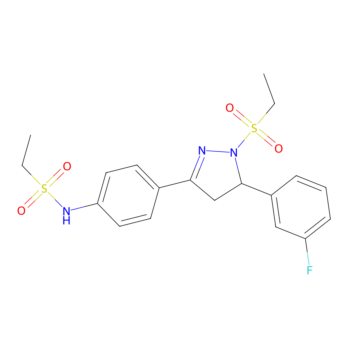 N-[4-[2-ethylsulfonyl-3-(3-fluorophenyl)-3,4-dihydropyrazol-5-yl]phenyl]ethanesulfonamide molecular structure, CAS 851781-76-5