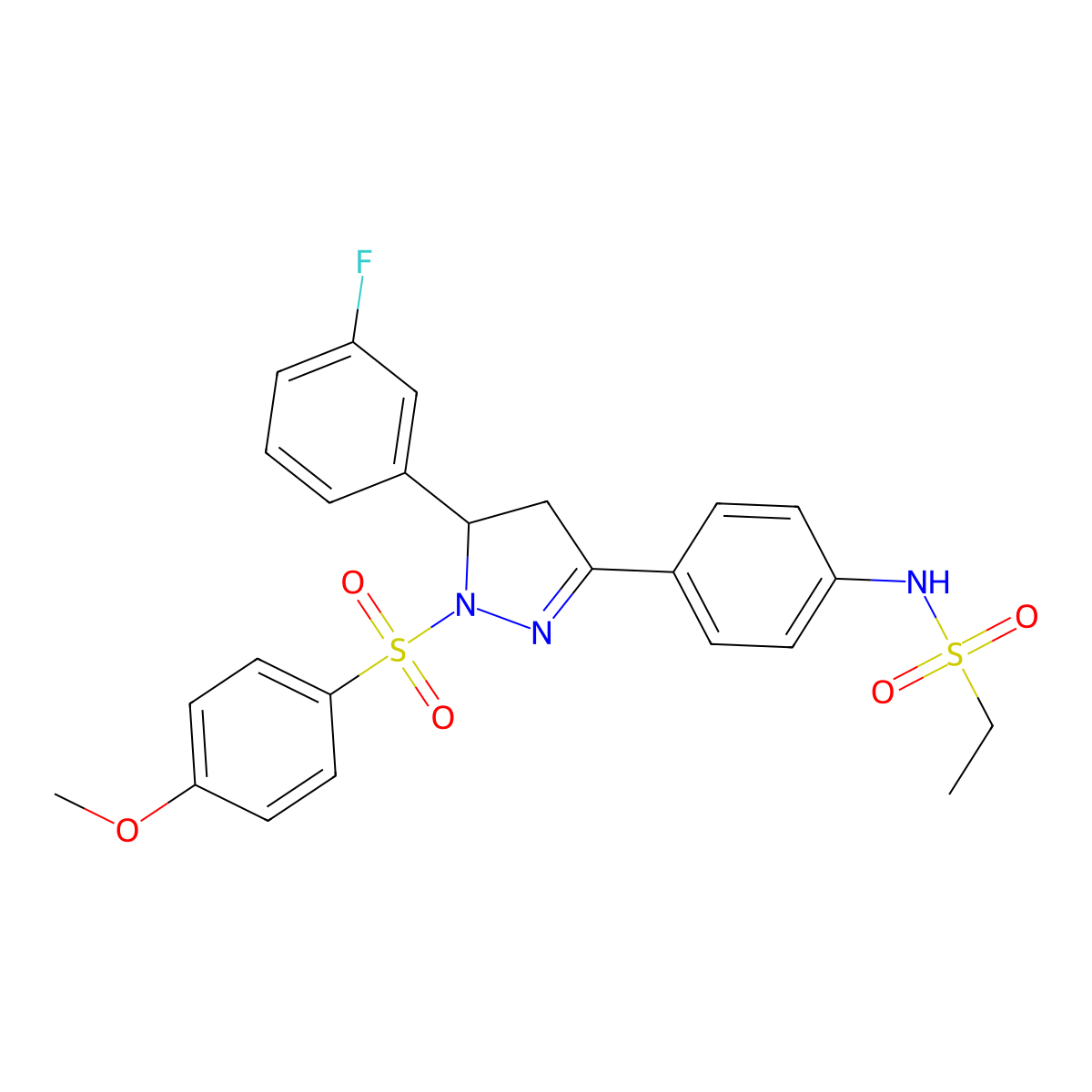 N-(4-(5-(3-fluorophenyl)-1-((4-methoxyphenyl)sulfonyl)-4,5-dihydro-1H-pyrazol-3-yl)phenyl)ethanesulfonamide molecular structure, CAS 851781-80-1