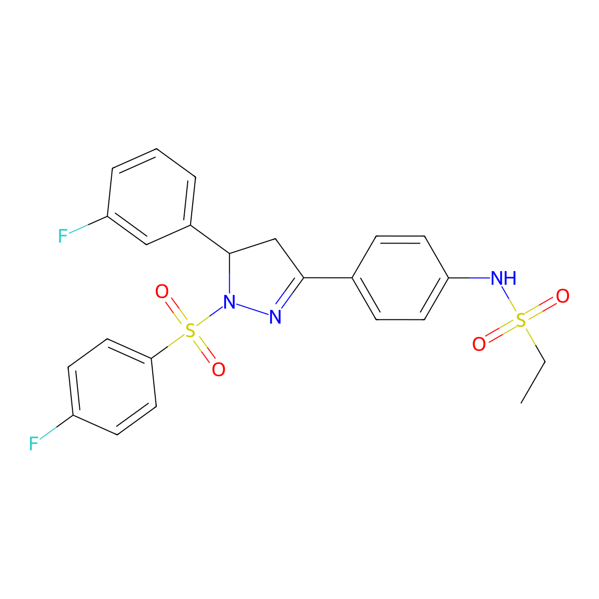 N-(4-(5-(3-fluorophenyl)-1-((4-fluorophenyl)sulfonyl)-4,5-dihydro-1H-pyrazol-3-yl)phenyl)ethanesulfonamide molecular structure, CAS 851781-82-3