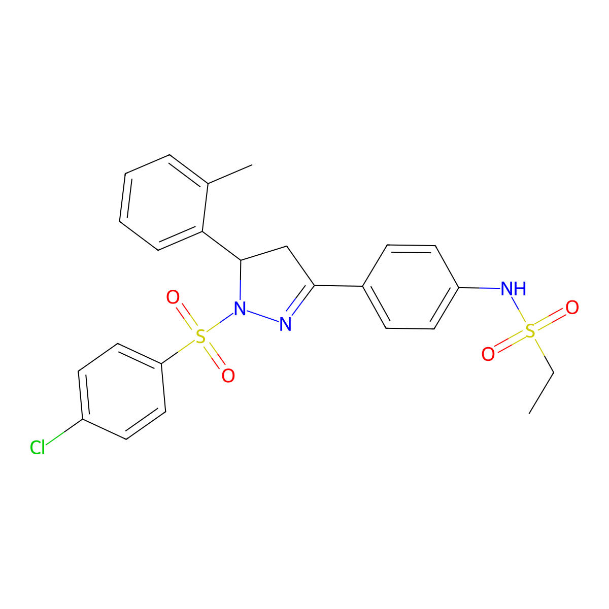 N-[4-[2-(4-chlorophenyl)sulfonyl-3-(2-methylphenyl)-3,4-dihydropyrazol-5-yl]phenyl]ethanesulfonamide molecular structure, CAS 851781-83-4