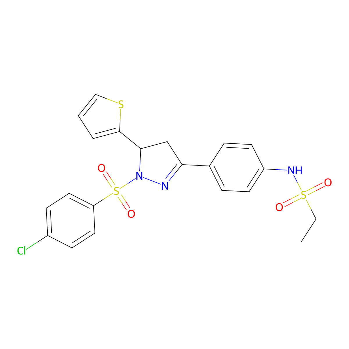 N-{4-[1-(4-chlorobenzenesulfonyl)-5-(thiophen-2-yl)-4,5-dihydro-1H-pyrazol-3-yl]phenyl}ethane-1-sulfonamide molecular structure, CAS 851781-93-6