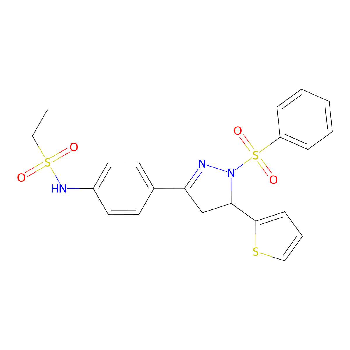 N-[4-[2-(benzenesulfonyl)-3-thiophen-2-yl-3,4-dihydropyrazol-5-yl]phenyl]ethanesulfonamide molecular structure, CAS 851781-95-8