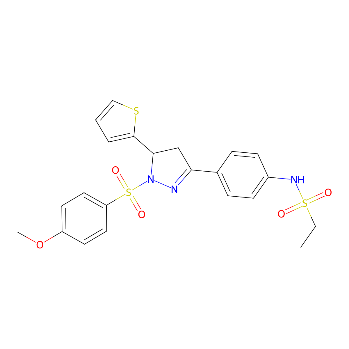 N-(4-(1-((4-methoxyphenyl)sulfonyl)-5-(thiophen-2-yl)-4,5-dihydro-1H-pyrazol-3-yl)phenyl)ethanesulfonamide molecular structure, CAS 851781-97-0