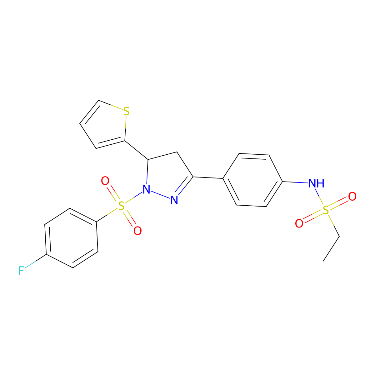 N-(4-(1-((4-fluorophenyl)sulfonyl)-5-(thiophen-2-yl)-4,5-dihydro-1H-pyrazol-3-yl)phenyl)ethanesulfonamide molecular structure, CAS 851781-98-1