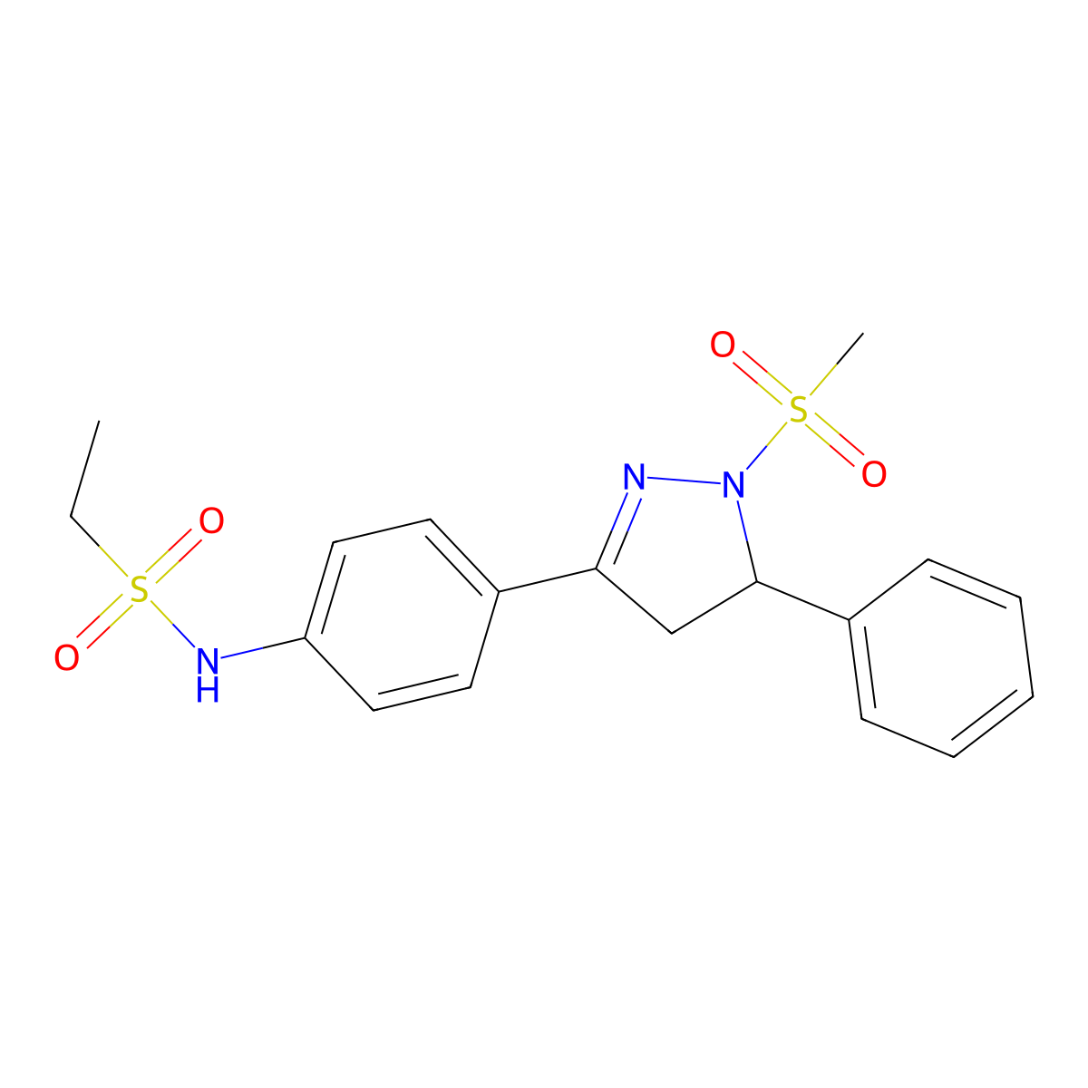 N-(4-(1-(methylsulfonyl)-5-phenyl-4,5-dihydro-1H-pyrazol-3-yl)phenyl)ethanesulfonamide molecular structure, CAS 851782-01-9