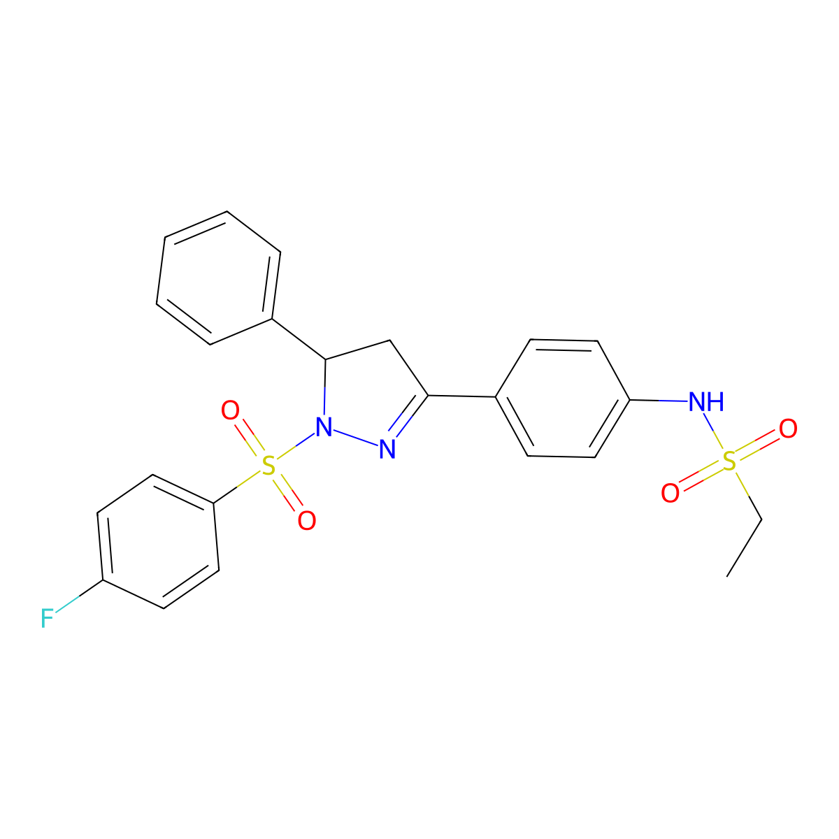 N-[4-[2-(4-fluorophenyl)sulfonyl-3-phenyl-3,4-dihydropyrazol-5-yl]phenyl]ethanesulfonamide molecular structure, CAS 851782-05-3