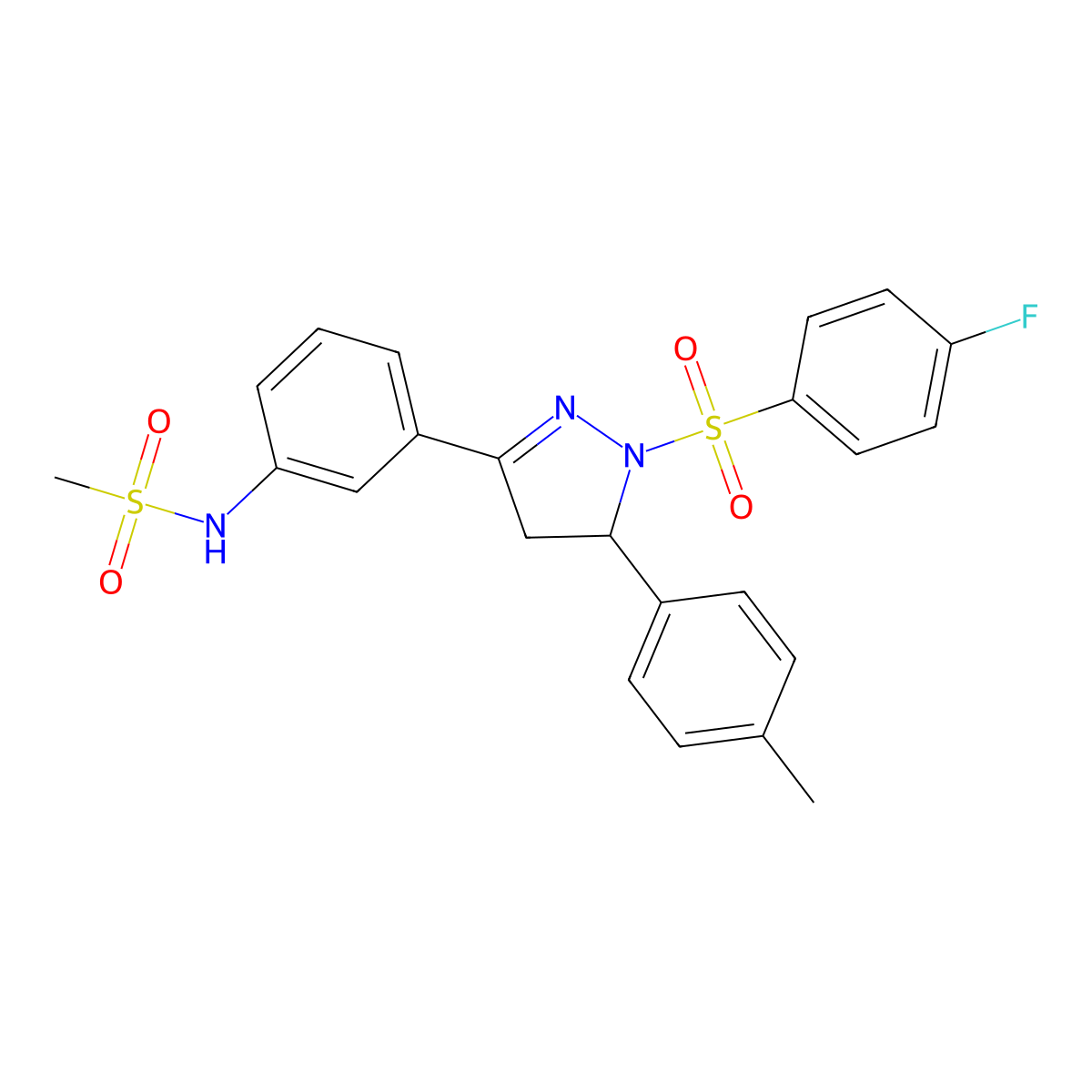 N-(3-(1-((4-fluorophenyl)sulfonyl)-5-(p-tolyl)-4,5-dihydro-1H-pyrazol-3-yl)phenyl)methanesulfonamide molecular structure, CAS 851782-12-2